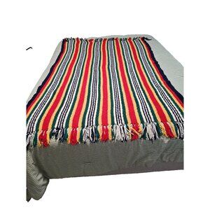 Vintage Afghan Throw Blanket w/ Fringe Crocheted Farmhouse 68"x46" Multi-color